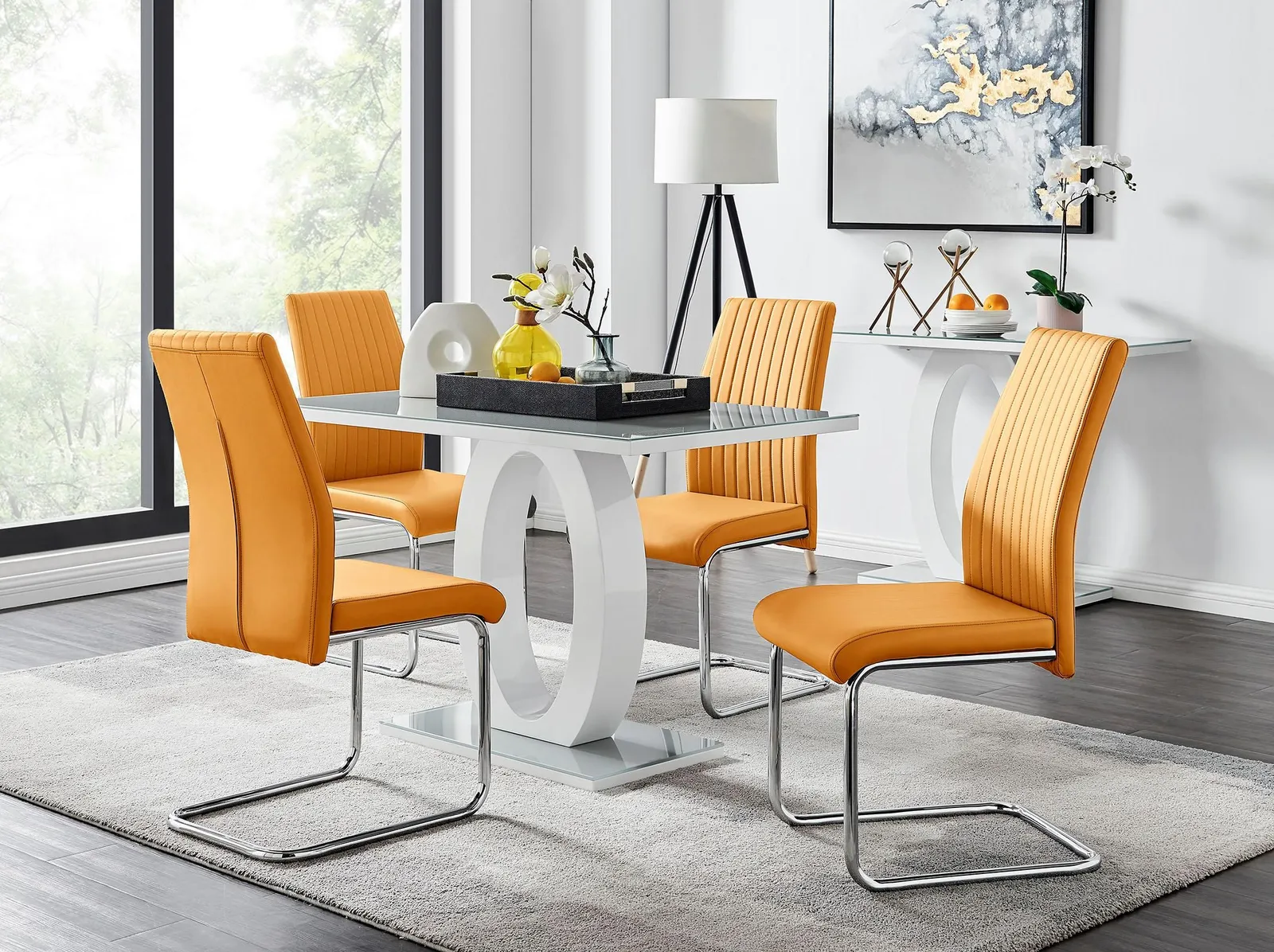 FurnitureboxUK Giovani Grey White Modern High Gloss & Glass Dining Table & 4 Lorenzo Chairs Set in Mustard 1