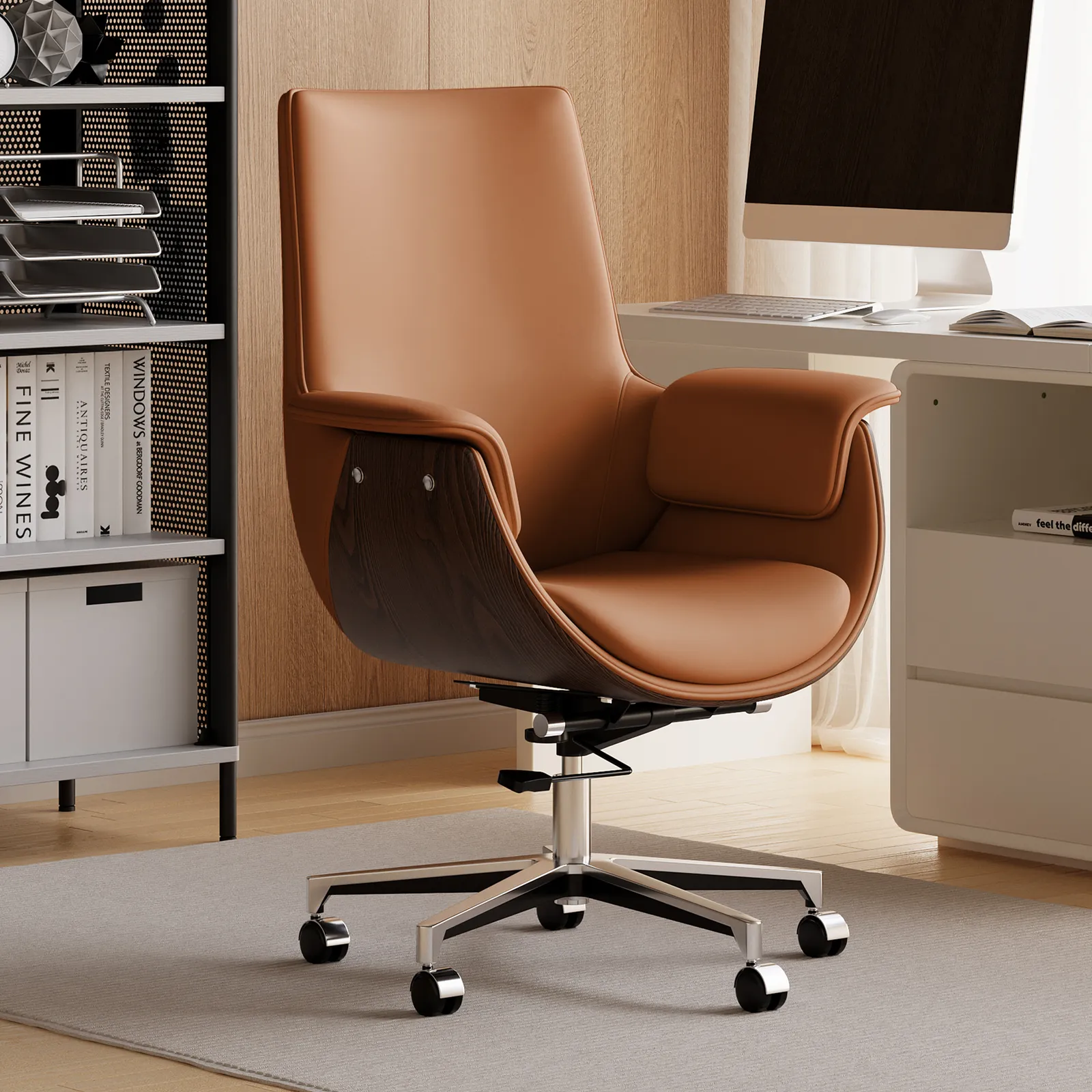 Brown Leather Modern Home Office Chair Upholstered High Back Desk Chair Wood Grain Frame