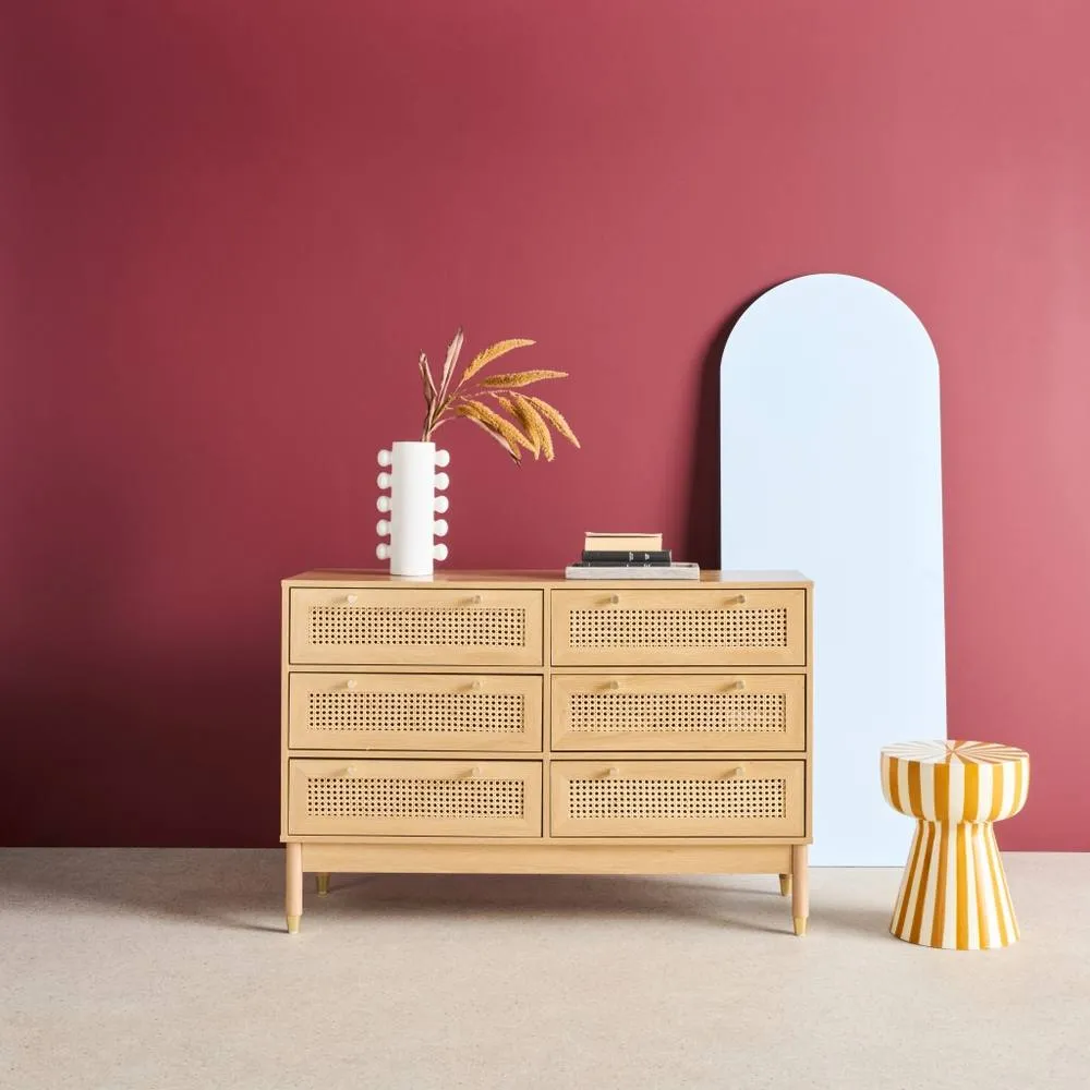 sweeek Chest of 6 drawers wood decor & cane in Beige