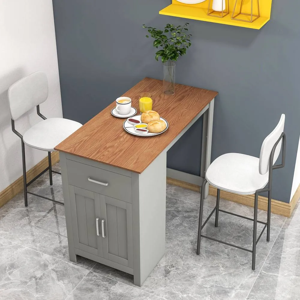 Costway Counter Height Table Rectangular Pub Dining Table w/ 1 Drawer & Doors in Grey 2