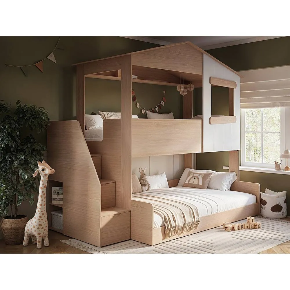 Flair Dreamland House Triple Bunk Bed with Staircase in Light Oak