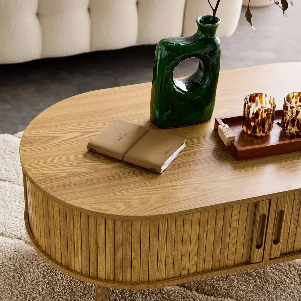 sweeek Coffee Table With Sliding Doors & Grooved Wooden-effect Compartments in Light Brown 6