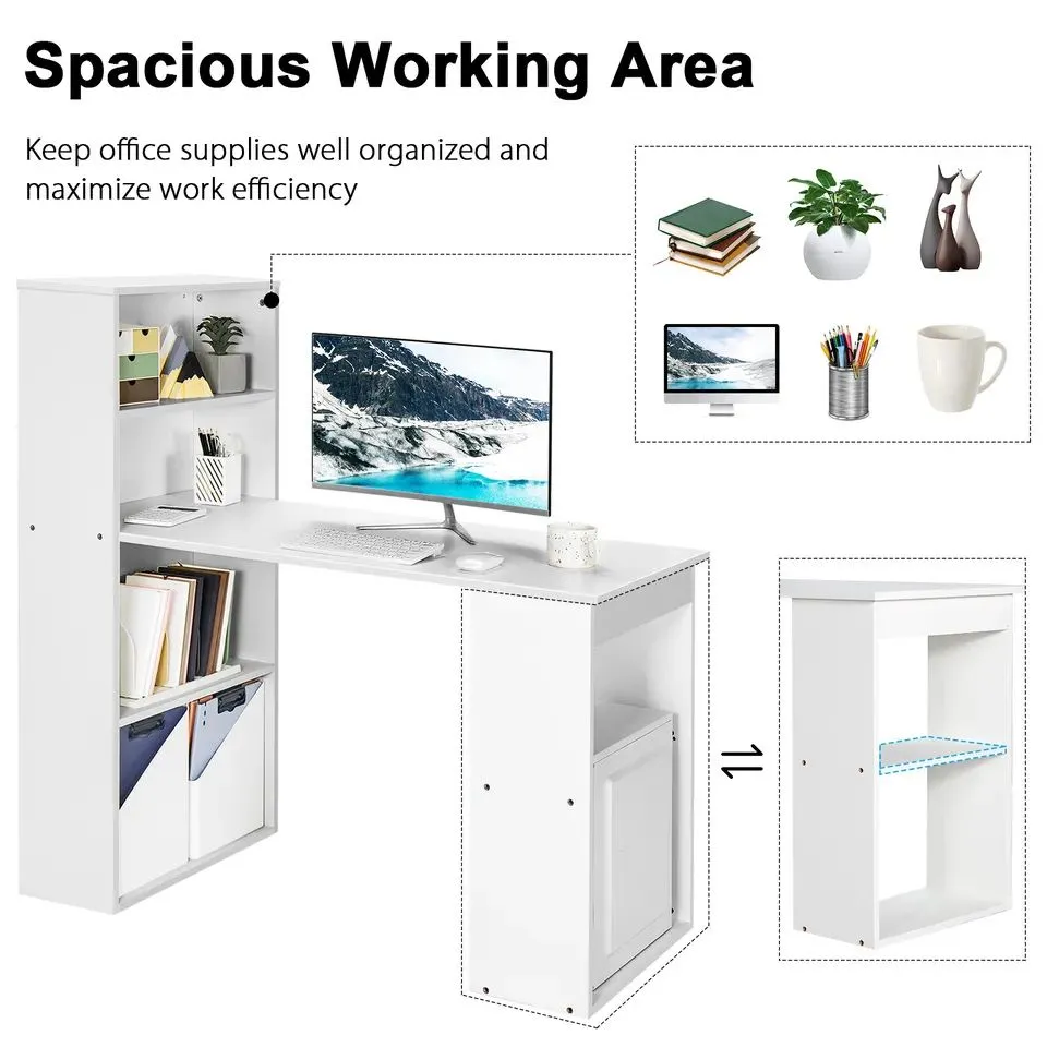 Costway Computer Writing Desk w/ Bookcase 6-tier Shelves Reversible Home Office Dorm in White 3