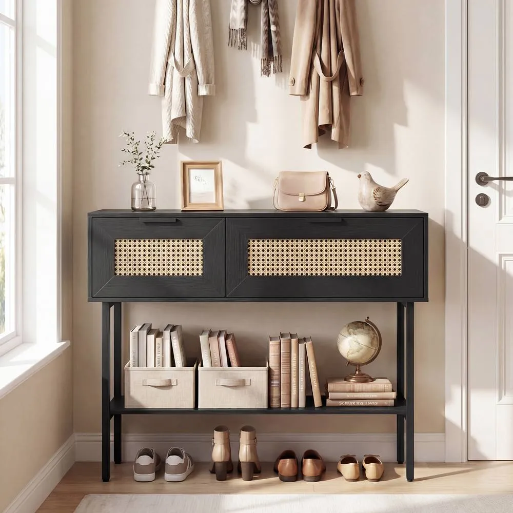 Costway Rattan Console Table Boho Entryway Table w/ Flip Doors & Open Shelf in Black 6