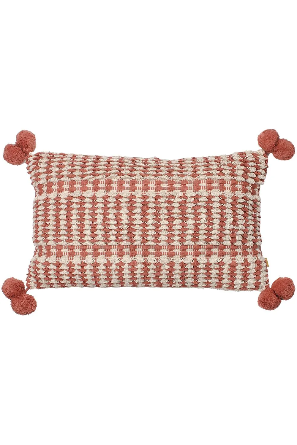 Furn Ayaan Woven Loop Tufted Cotton Double Pom Pom Cushion in Red