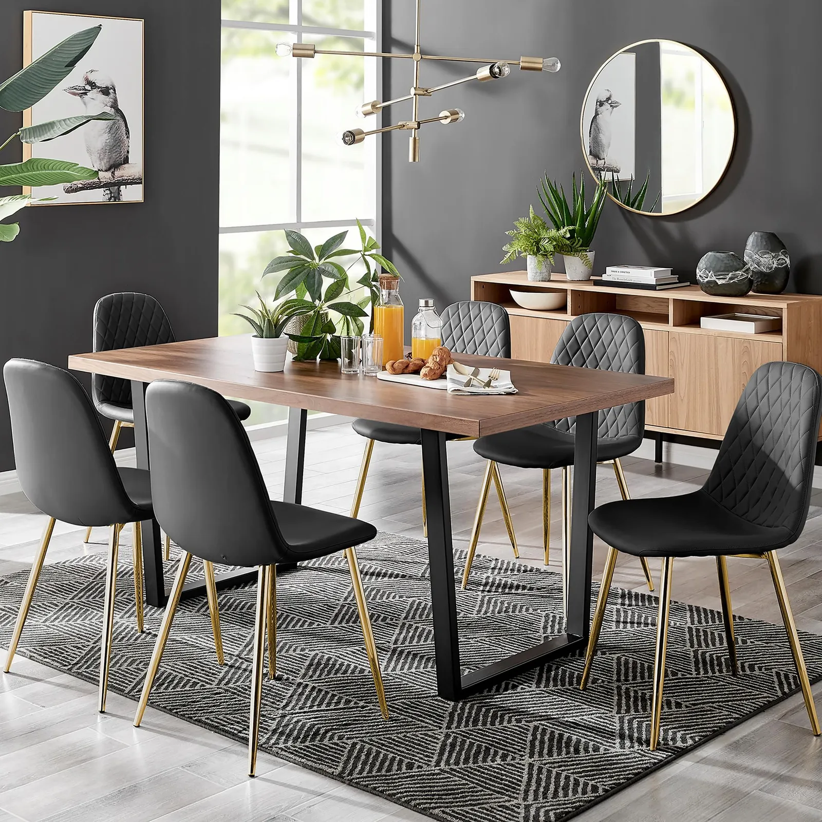 FurnitureboxUK Kylo Large Brown Wood Effect Dining Table & 6 Corona Gold Leg Faux Leather Chairs in Beige