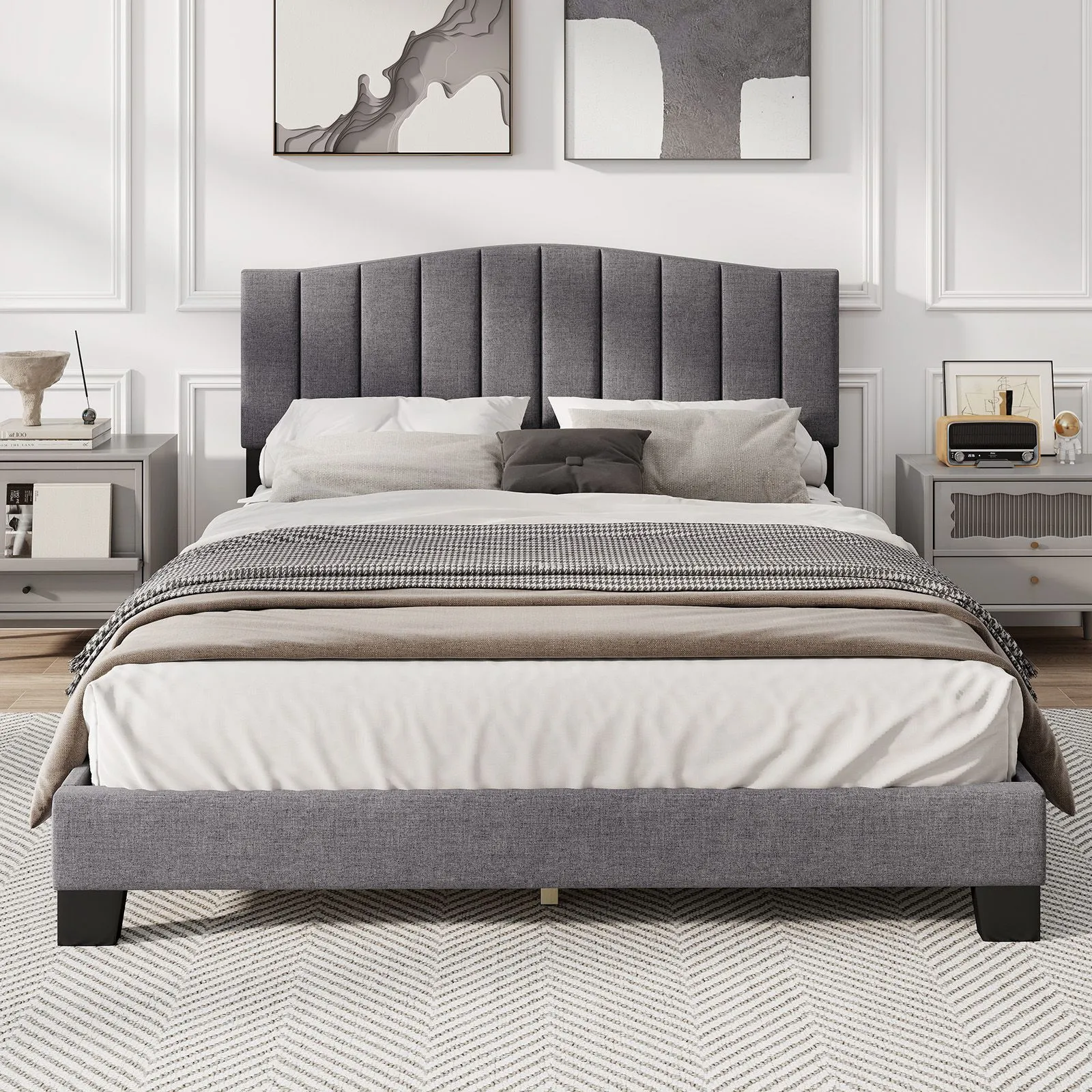 Costway Modern Upholstered Bed Frame Double Size Platform Bed in Grey 3