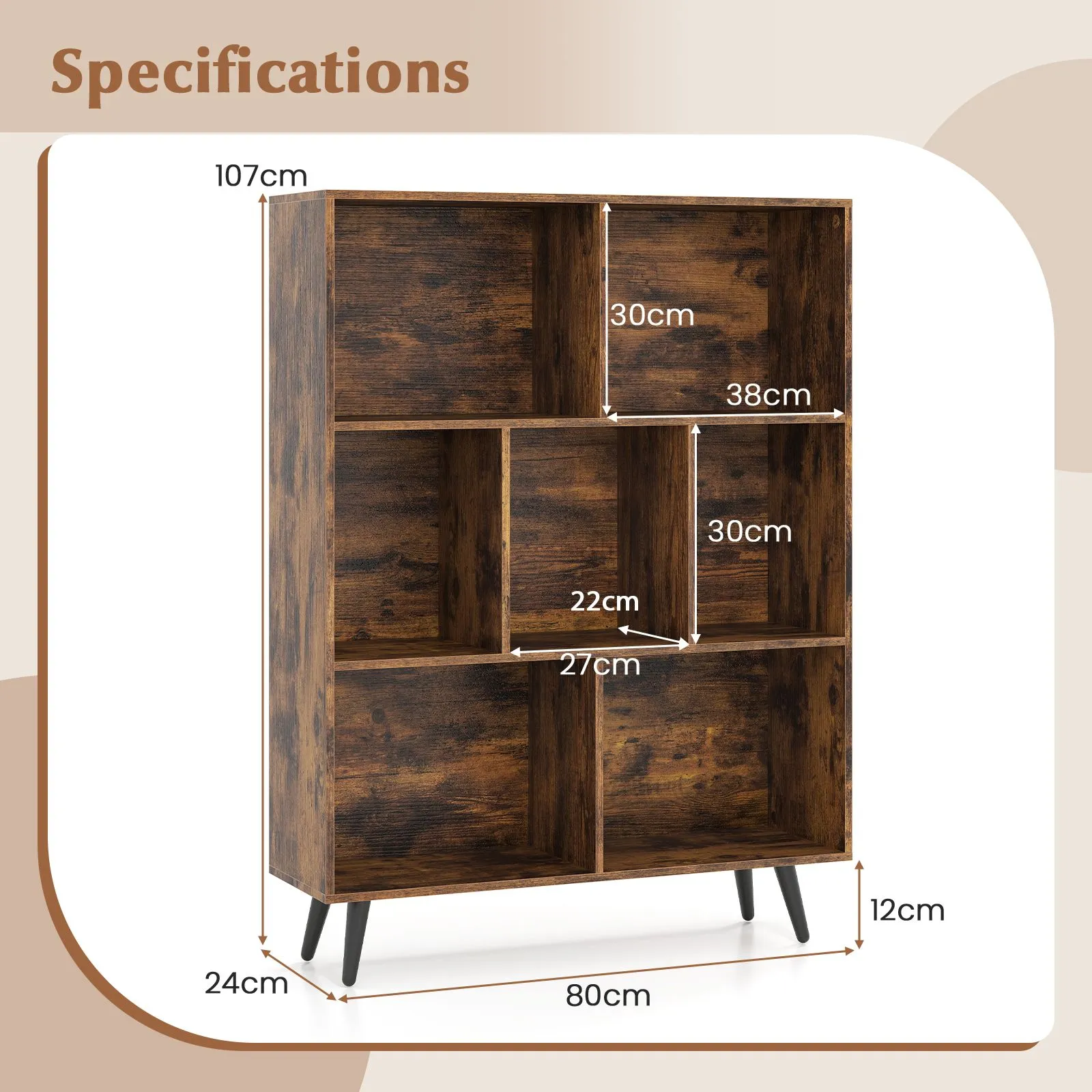 Costway 7-Cube Bookcase Mid Century Modern Storage Organizer in Brown 2
