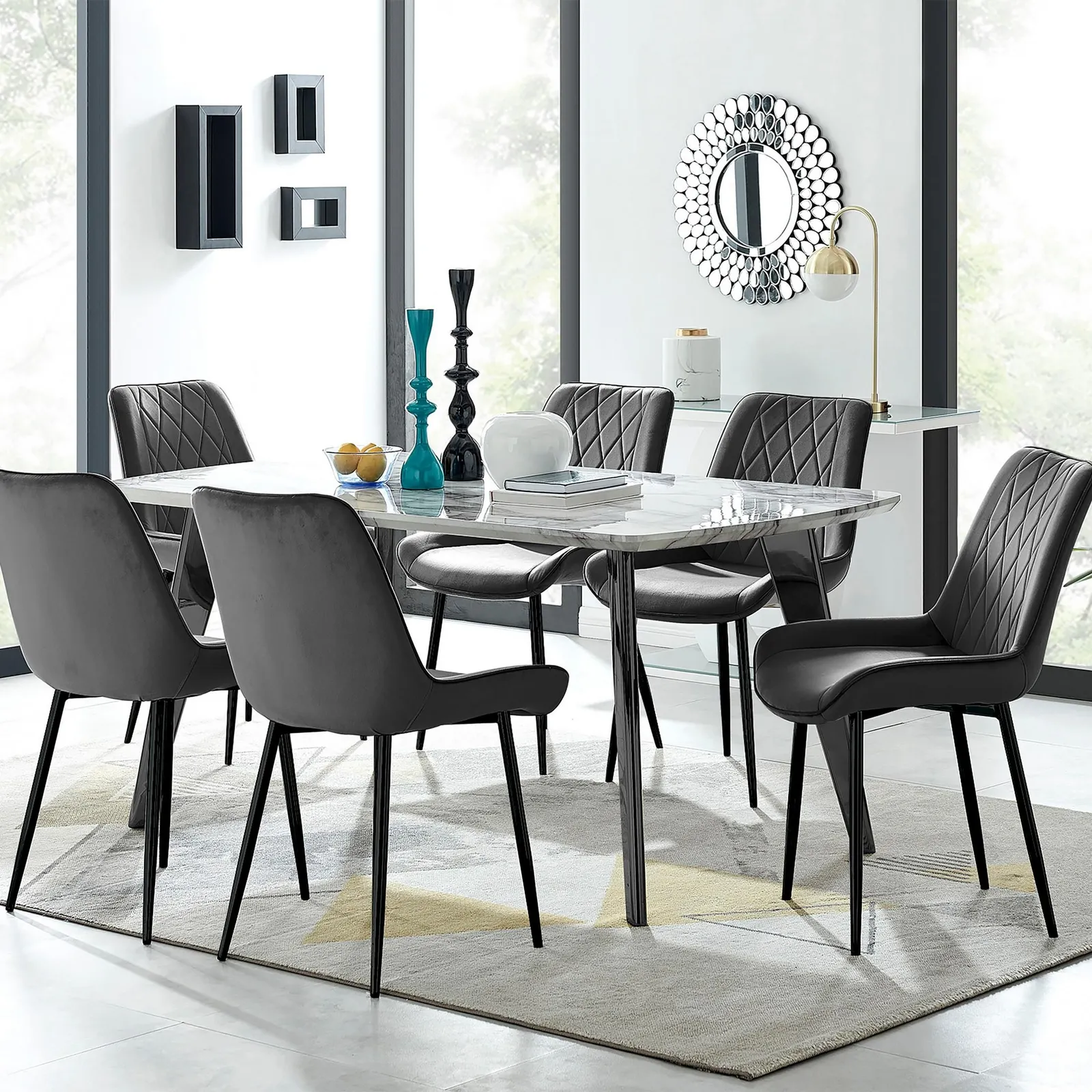 FurnitureboxUK Andria White Marble Effect & Black Leg 6 Seater Dining Table & 6 Pesaro Soft Velvet Chairs