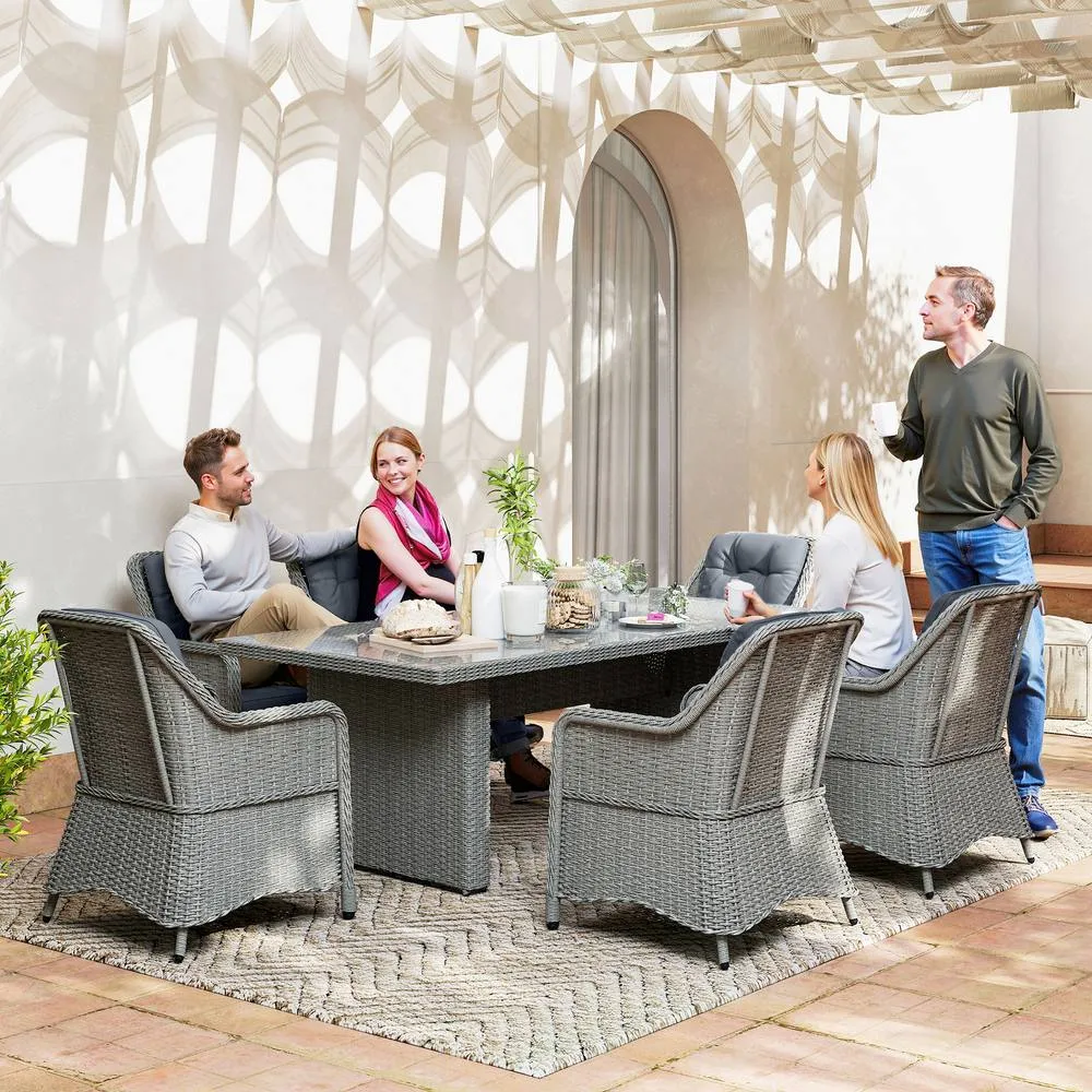 OUTSUNNY 6 Seater Rattan Dining Set with Glass Top Table & Cushions, Grey
