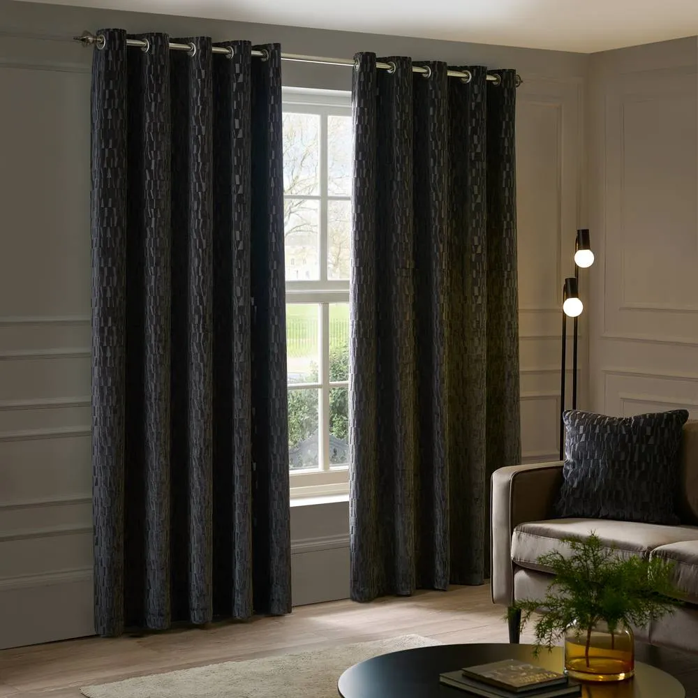 Paoletti Manhattan Velvet Eyelet Curtain Pair in Charcoal 2