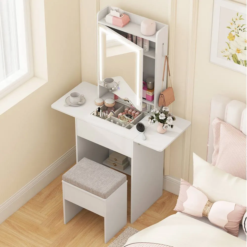 Costway Compact Vanity Desk Makeup Dressing Tablew/ Power Outlets & Mirror in White 2