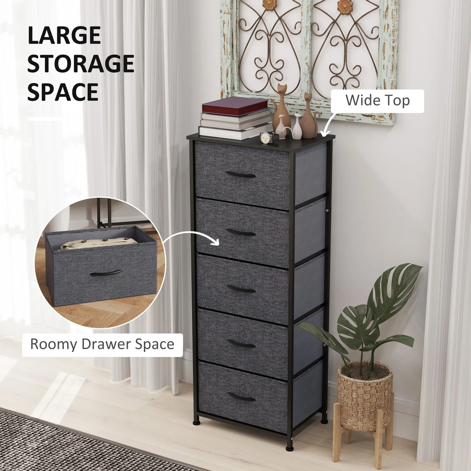 HOMCOM 5 Drawer Fabric Chest of Drawers w/ Wooden Top, Dark Grey 4