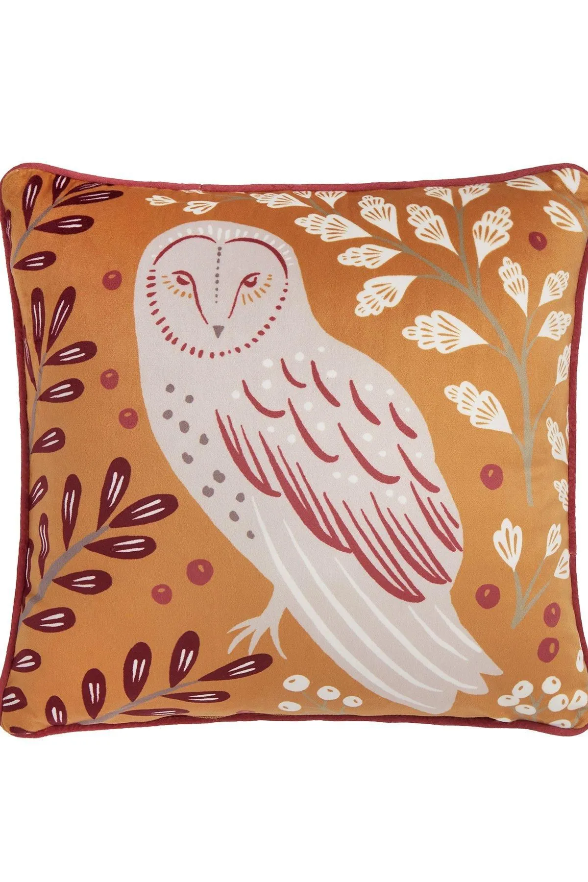 Dreams & Drapes 'Enchanted' Owl Print Velvet Filled Cushion in Red 2