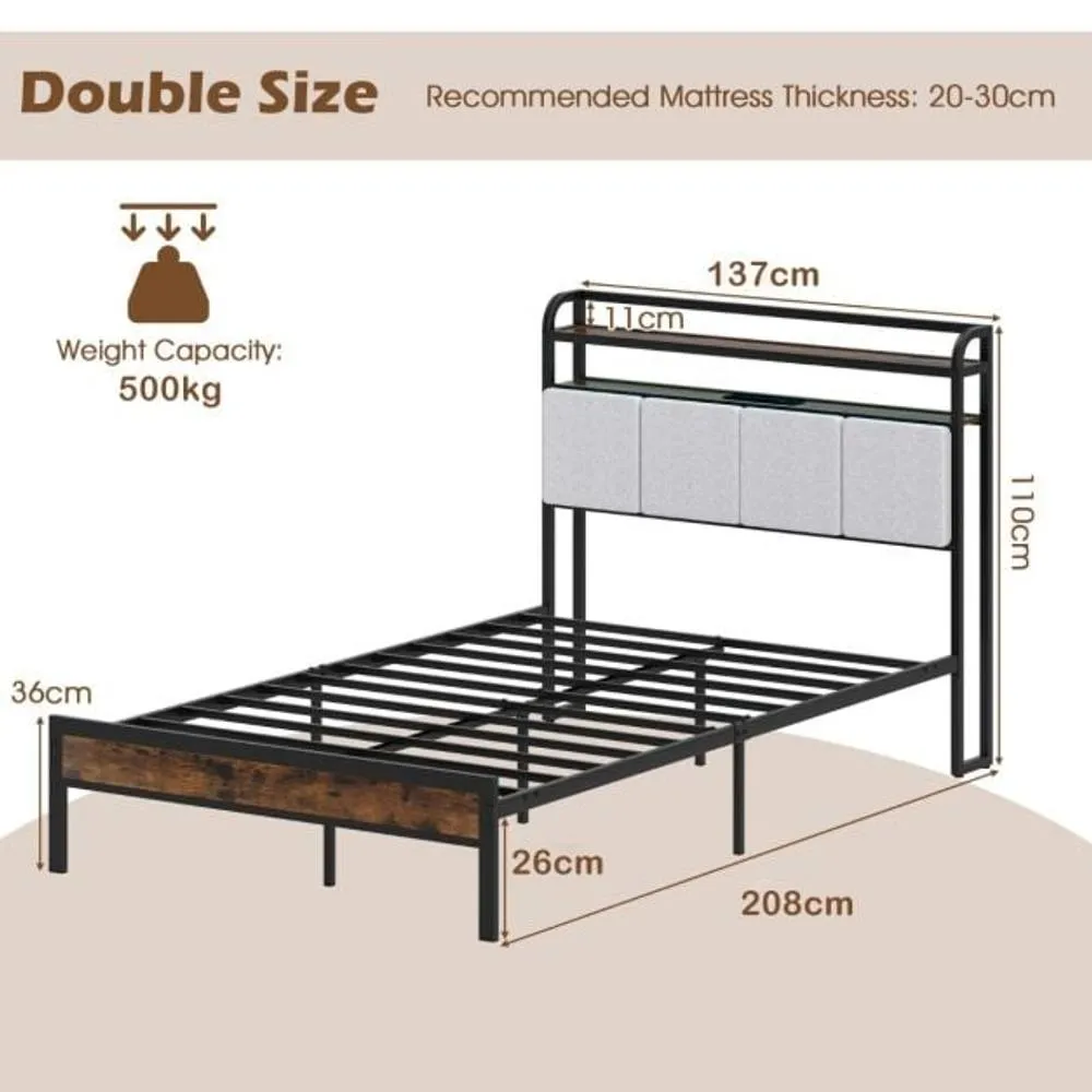 Costway Double Size Bed Frame w/ LED Light & Charging Station-Brown in Brown 3