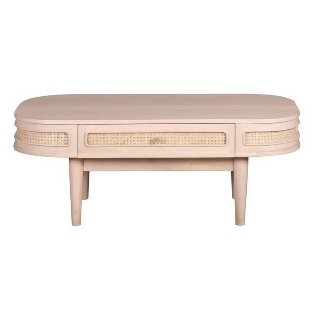 Indian Hub Valencia 1 Drawer Coffee Table - Cane & Mango Wood - L55xW115xH45 cm in Light Sand