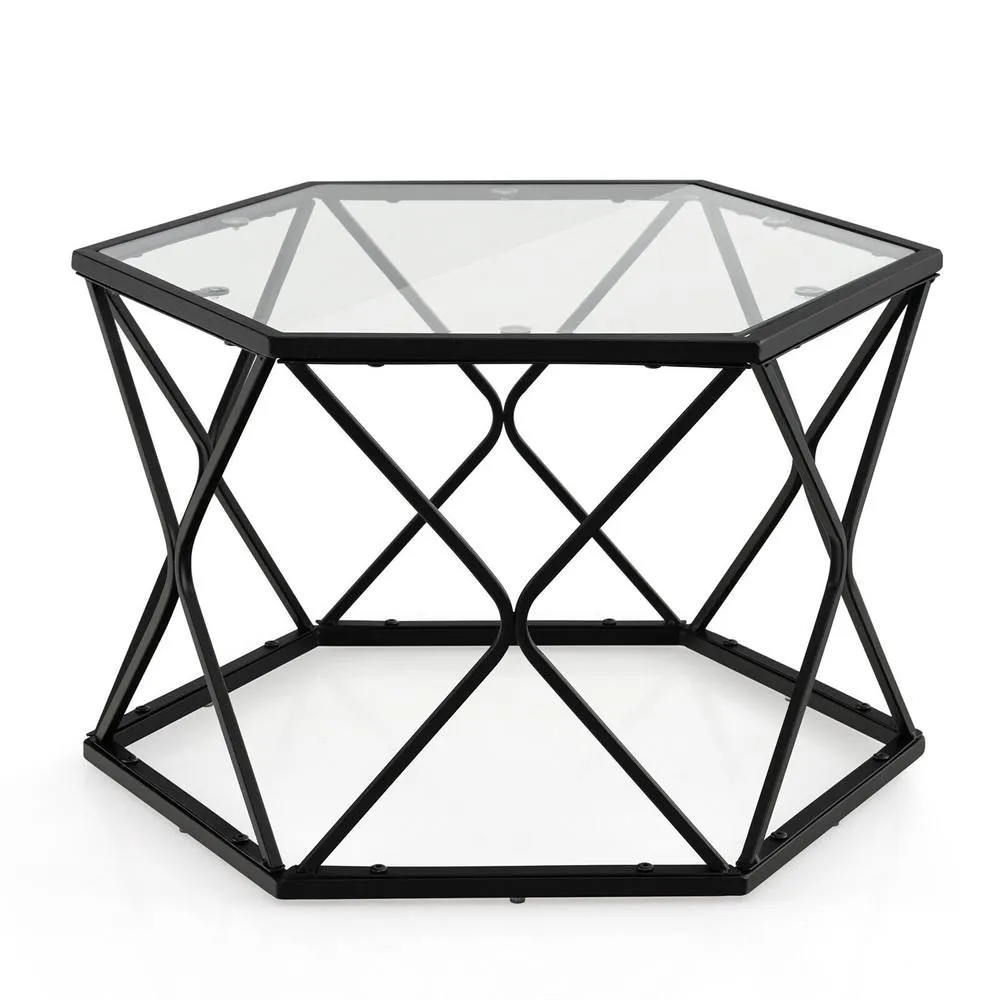Costway Geometric Glass Coffee Table Hexagonal End Table with Tempered Glass Top in Black 3