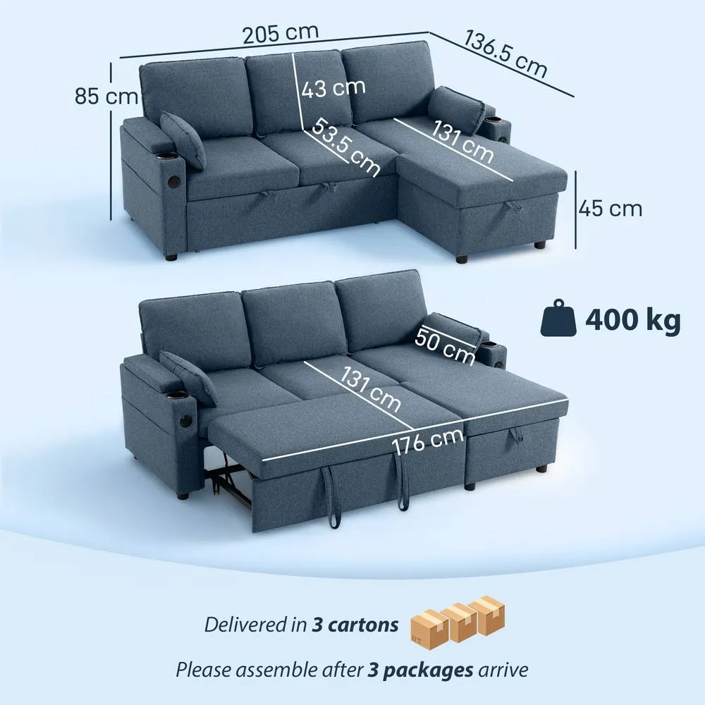 HOMCOM Corner Sofa Bed, L Shaped Sofa with Storage Chaise, USB Ports in Blue 3