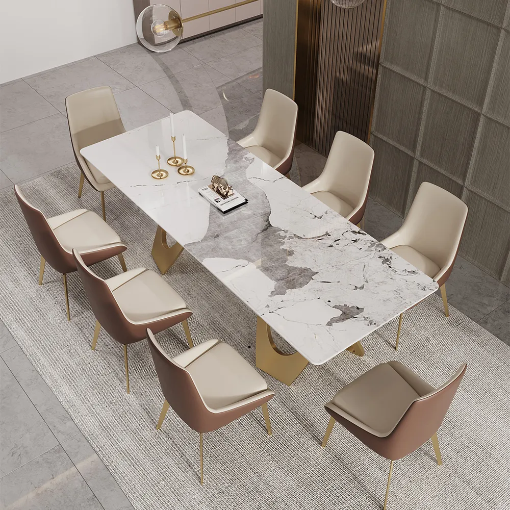 2000mm Contemporary Rectangle Dining Table in Gold for 8 Seaters with Stone Top