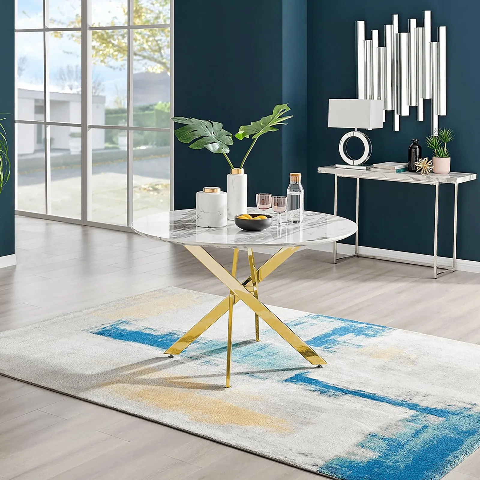 FurnitureboxUK Novara 120cm Round 6-Seater Dining Table With Gold Chrome Legs in Off-White