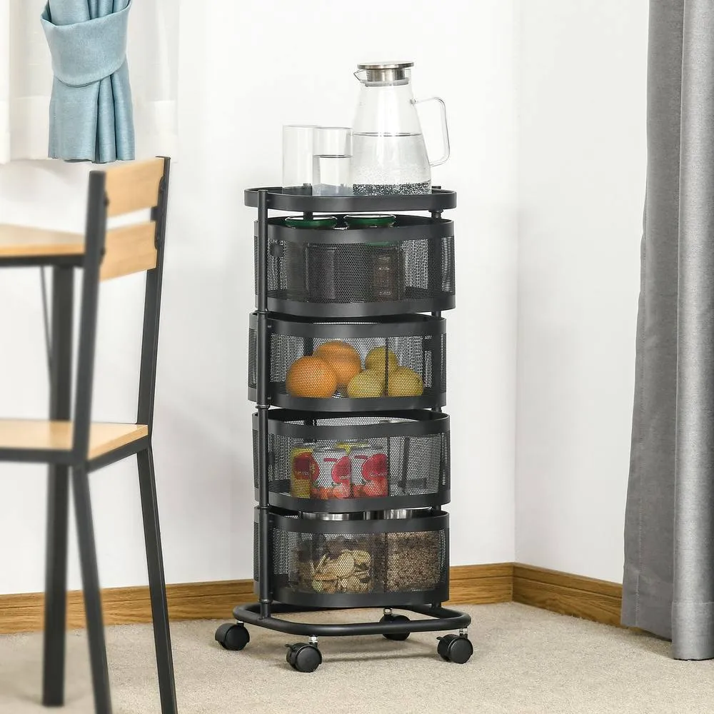 HOMCOM Metal Storage Cart with Top Tray & 4 Mesh Baskets, Black