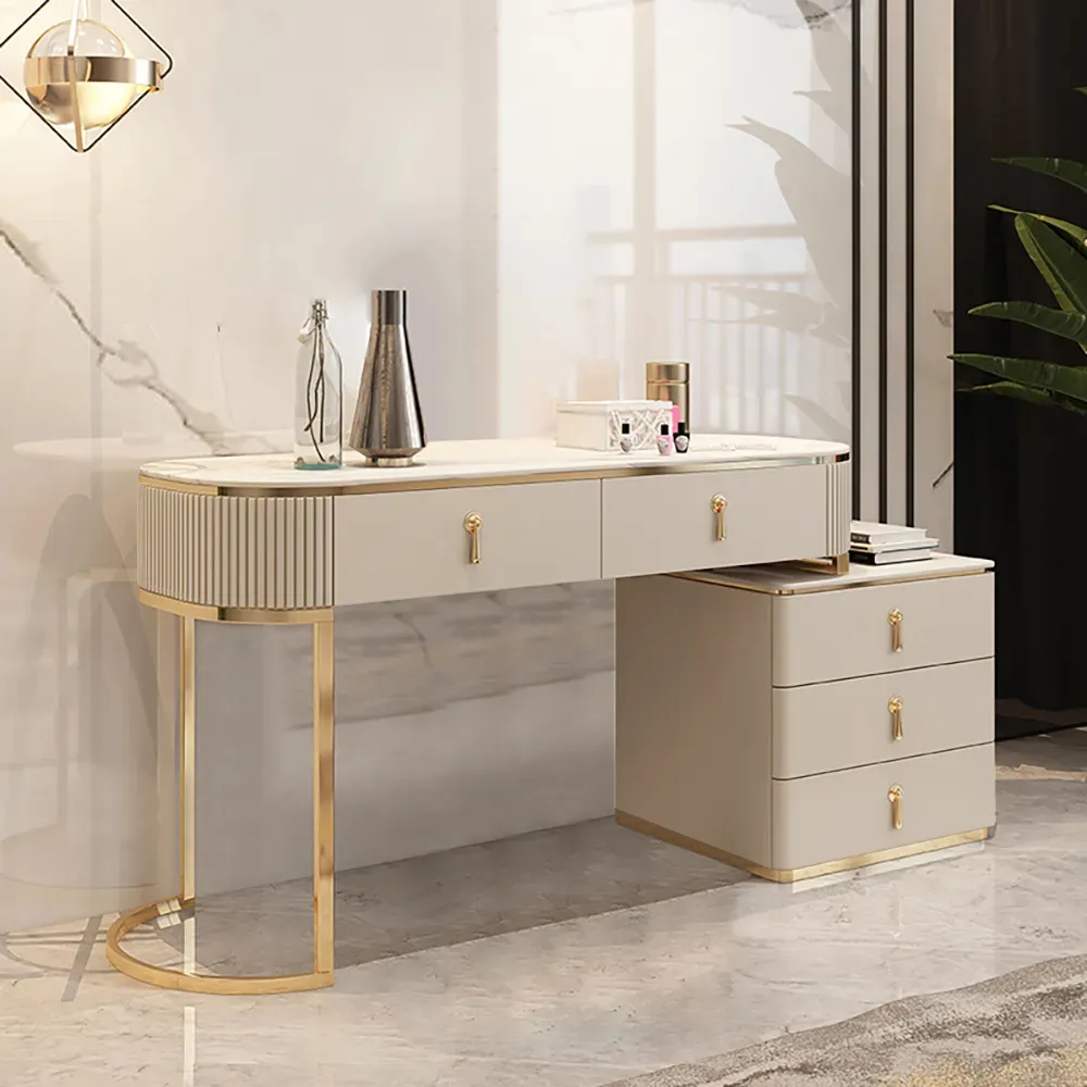 Nordic Makeup Vanity Extendable with 5-Drawer Dressing Table with Stone Top in Champagne