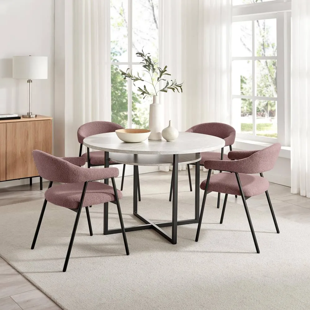 FurnitureboxUK Adley Round Concrete Effect Dining Table 4 Delos Fabric Chairs in Dusty Pink 1