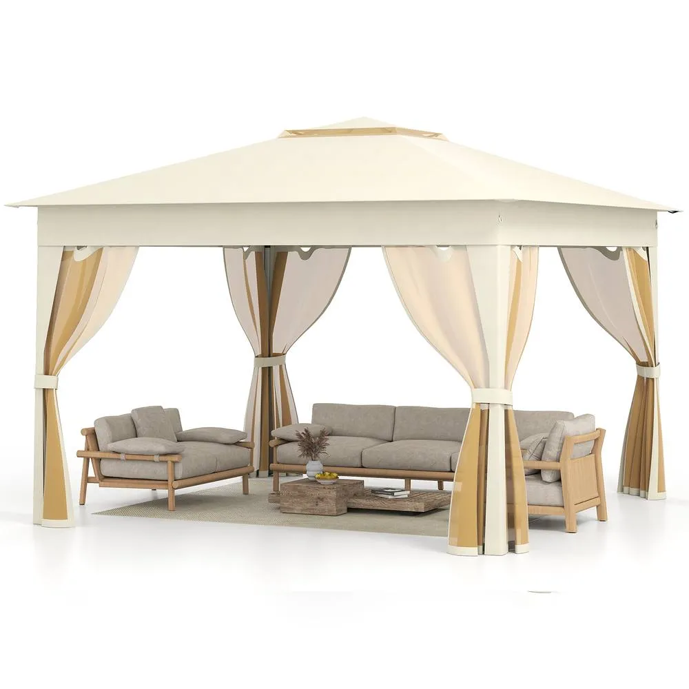 Costway 338 x 338 CM Pop Up Gazebo Foldable Canopy Tent w/Mesh Netting in Beige