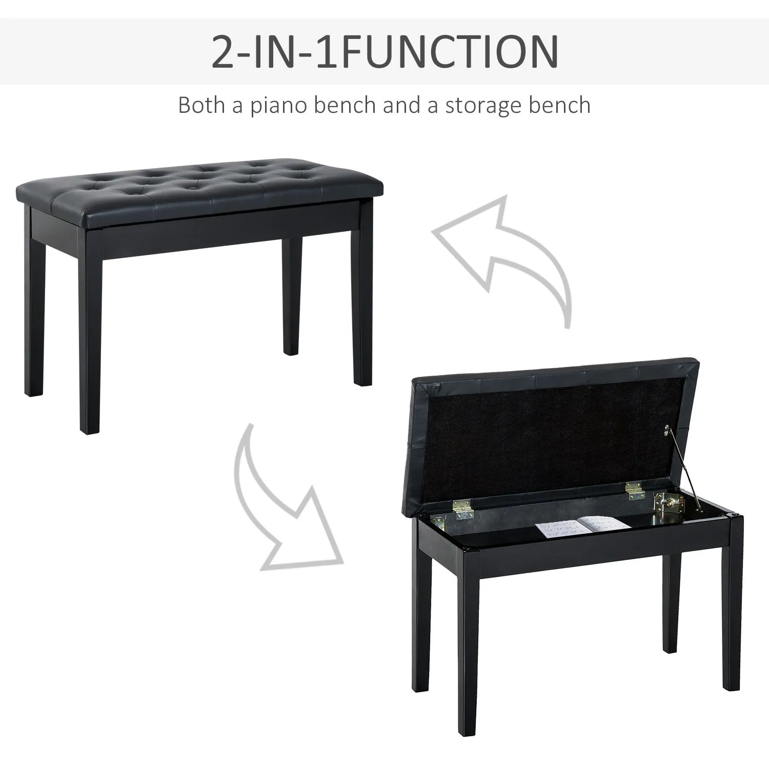 HOMCOM Classic Piano Bench Padded Seat Makeup Stool Solid Wood Wooden in Black 4