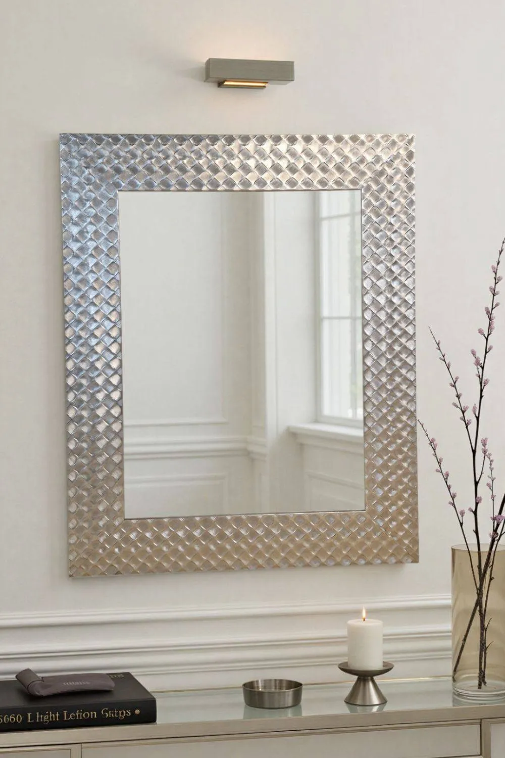 Yearn Mirrors Hammered Silver Framed Bevelled Mirror in Metallic Silver