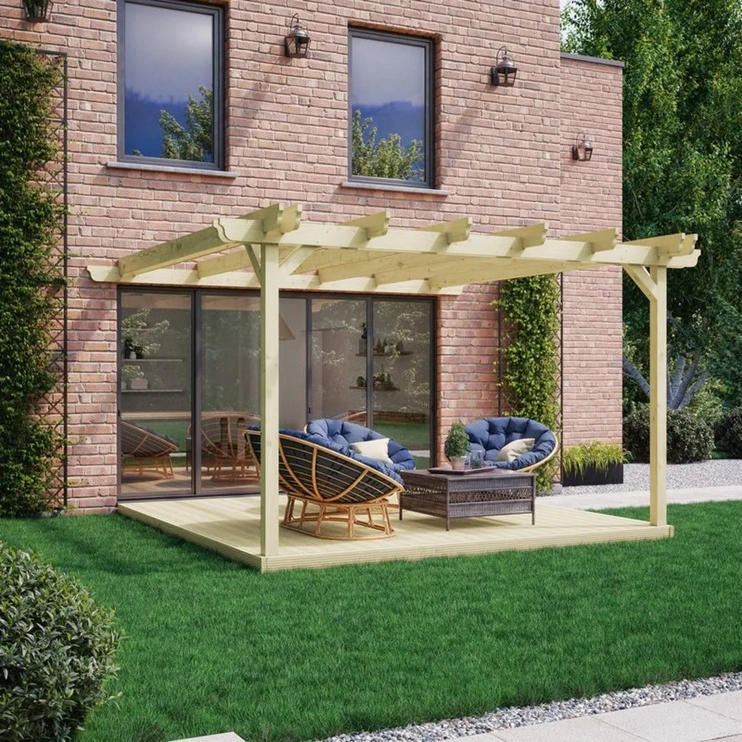 Rutland County Garden Furniture Ltd Wall Mounted Double Garden Pergola & Decking Kit, W480cm, Brown in Green 4