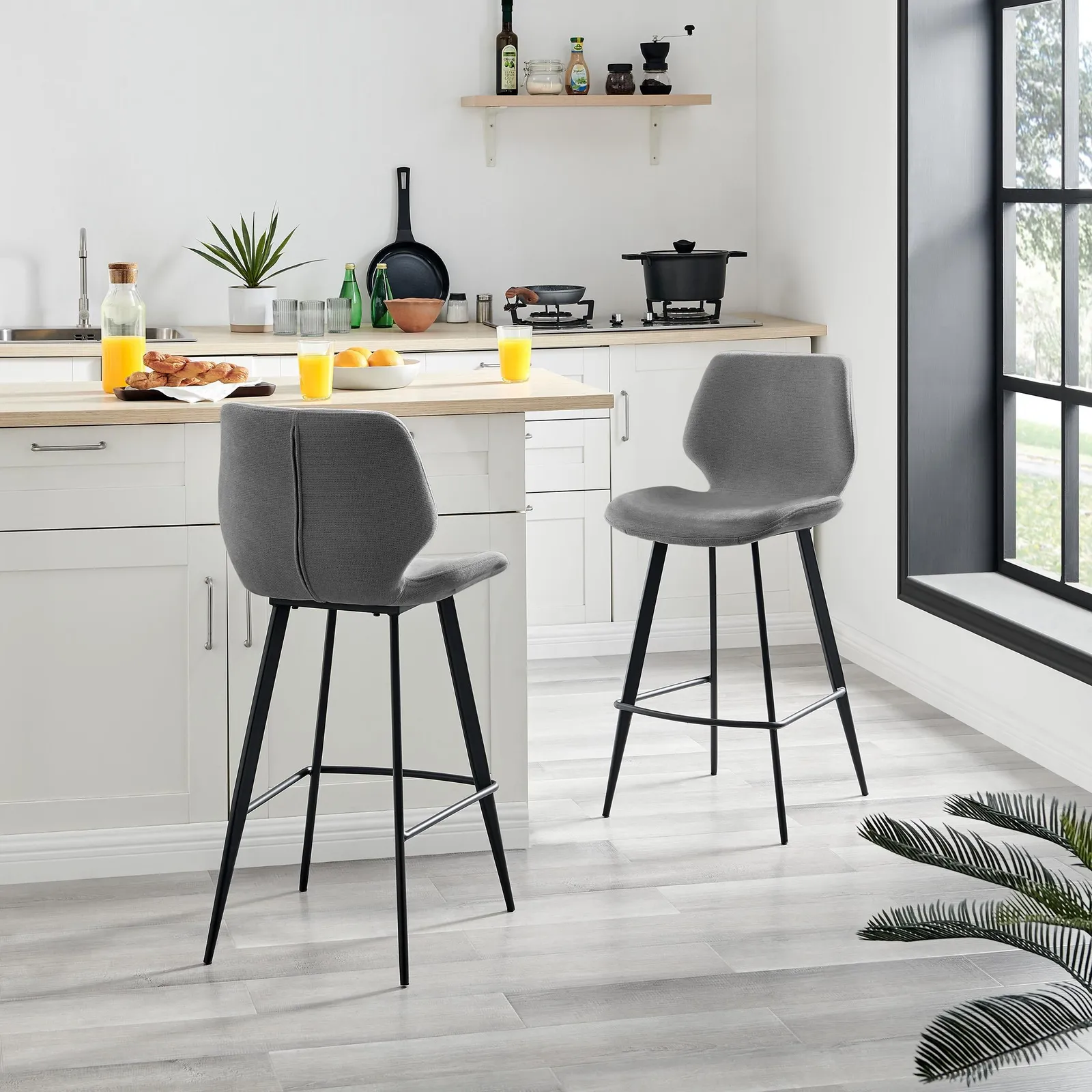 FurnitureboxUK Nyla Set of 2 Fabric Black Leg Counter Stools in Grey 1