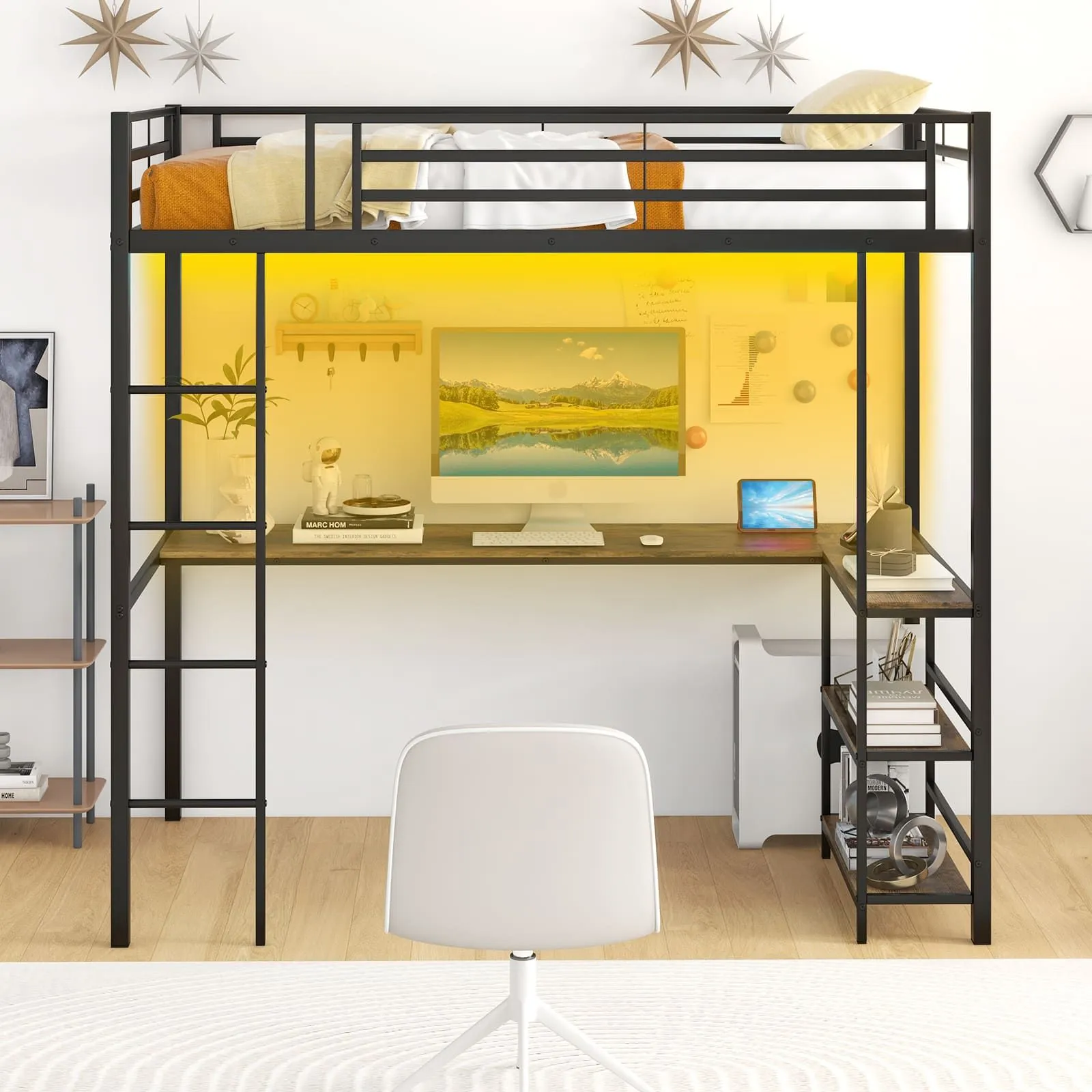Costway Loft Bed Single Platform Bed Metal High Sleeper Bed w/Charging Station in Black 4