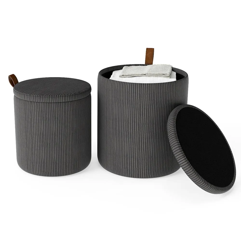 Costway 2PCS Modern Round Ottoman Upholstered Vanity Stools w/ Removable Lids in Grey 3