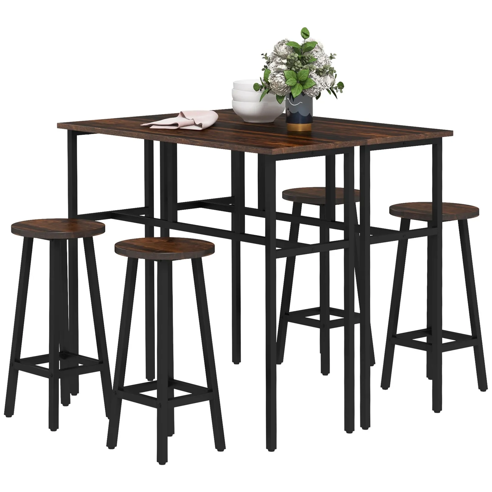 HOMCOM 6-Piece Bar Table Set, 2 Breakfast Tables with 4 Stools, Counter Height Dining Tables & Chairs for Kitchen, Living Room in Brown 2
