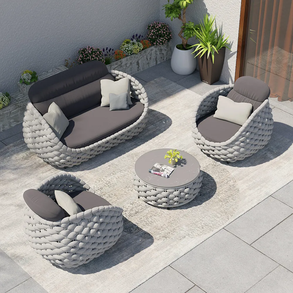 4 PCS Woven Rope garden Sectional Sofa Set Modern Yard & Patio Furniture for 4 Person in Gray Cushion & Pillow Included
