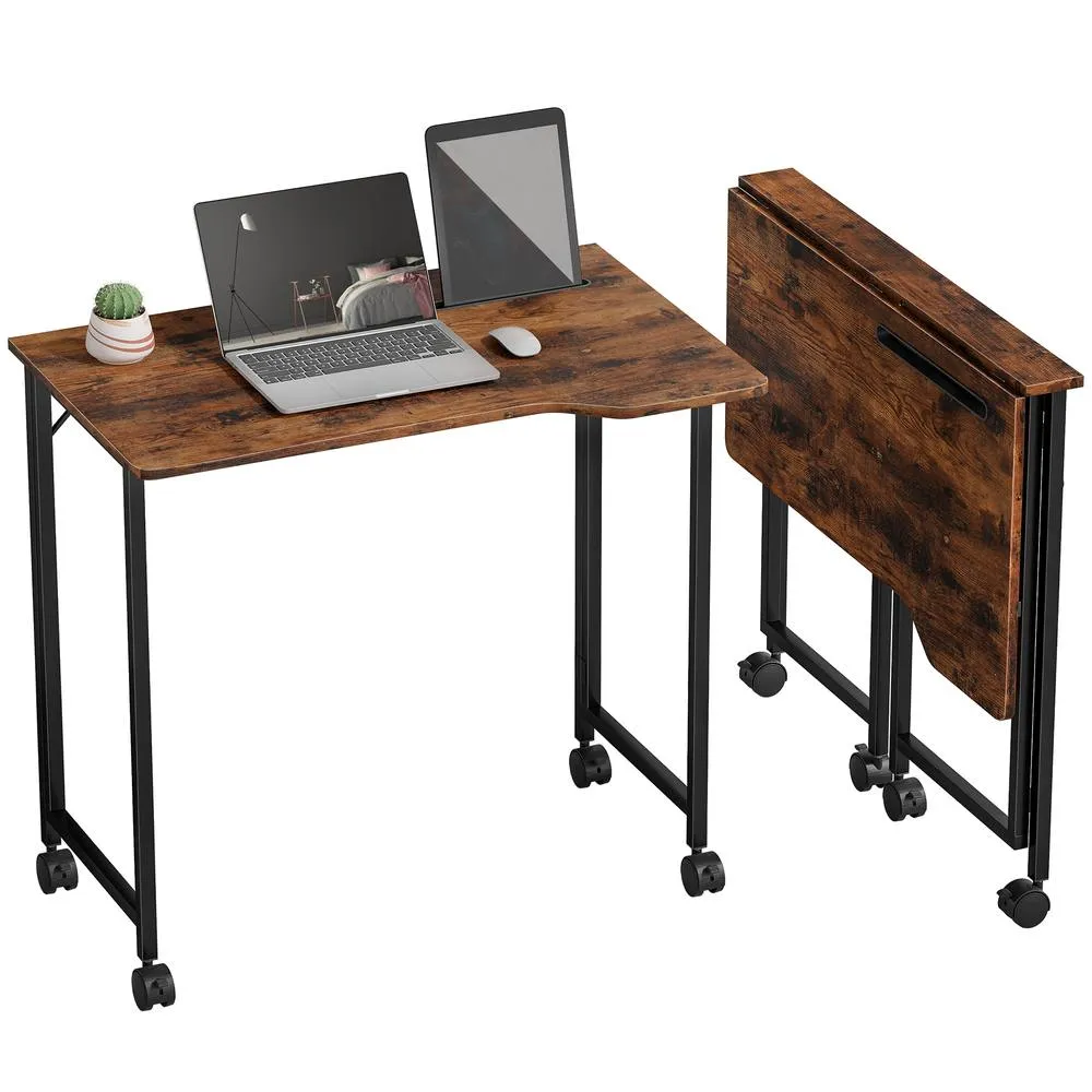 HOMCOM Small Writing Desk with Wheels, Folding Study Table in Brown 2