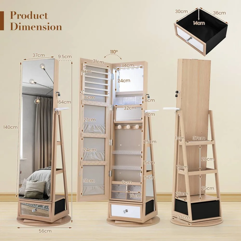 Costway 4 iN 1 Swivel Jewelry Cabinet Lockable Jewelry Armoire in Natural 2