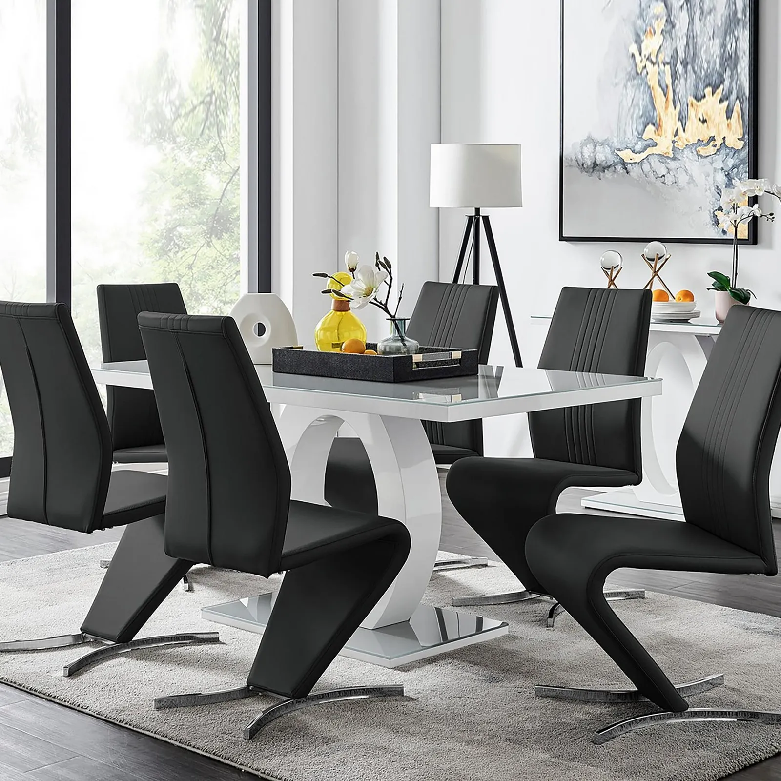 FurnitureboxUK Giovani 6-Seater Grey Glass Dining Table & 6 Willow Faux Leather Dining Chairs in Black 1