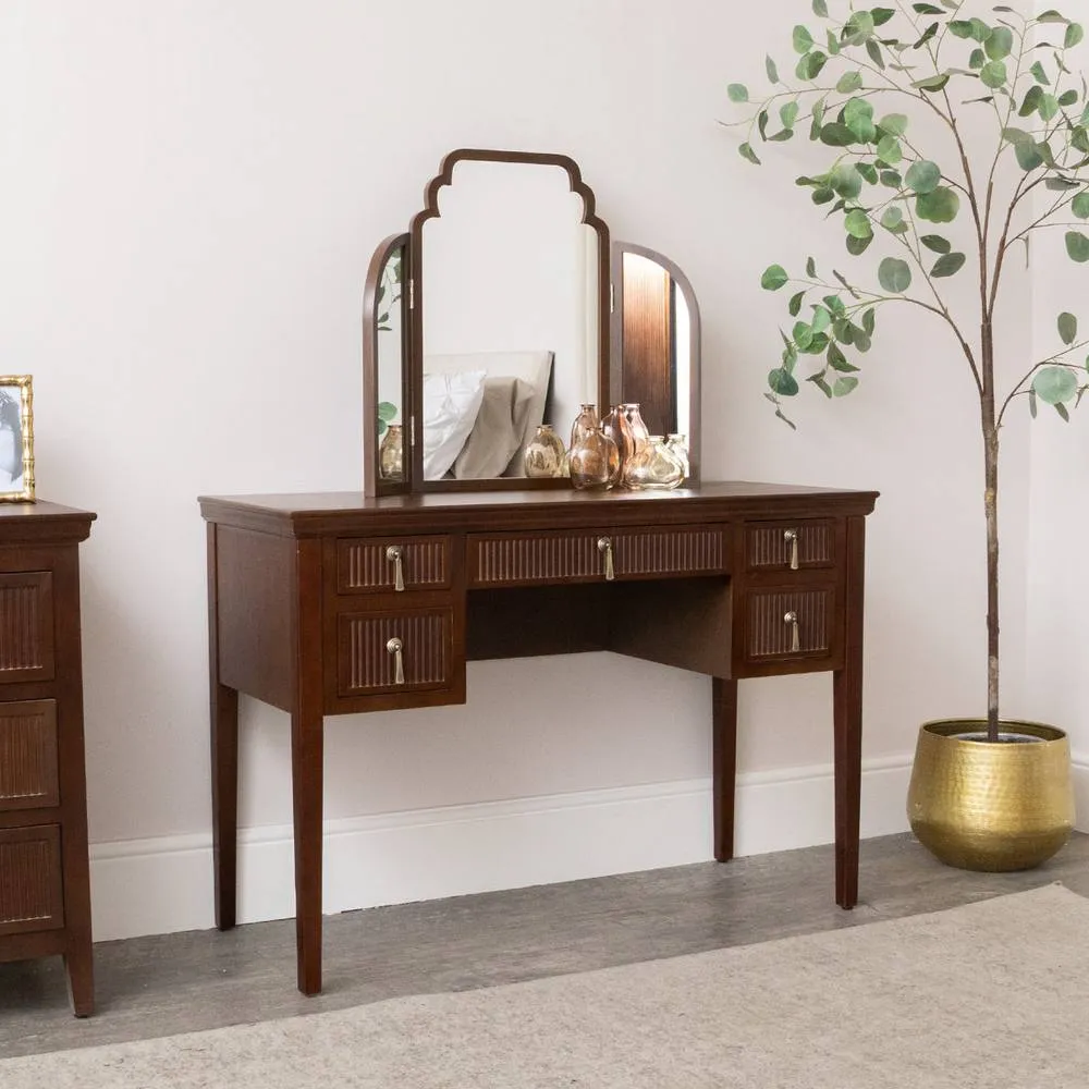 Melody Maison Dark Wood Reeded Dressing Table & Mirror Set - Georgian Range in Dark Brown