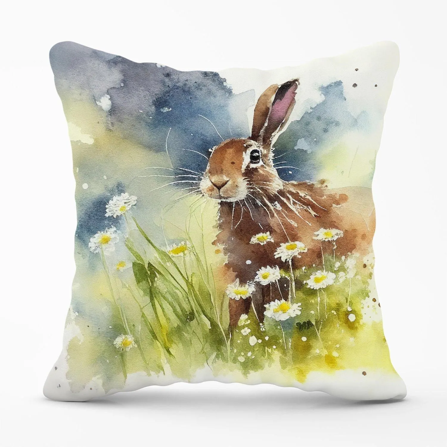 Warren Reed - Designer Hare & Daisies Watercolour Outdoor Cushion in Brown