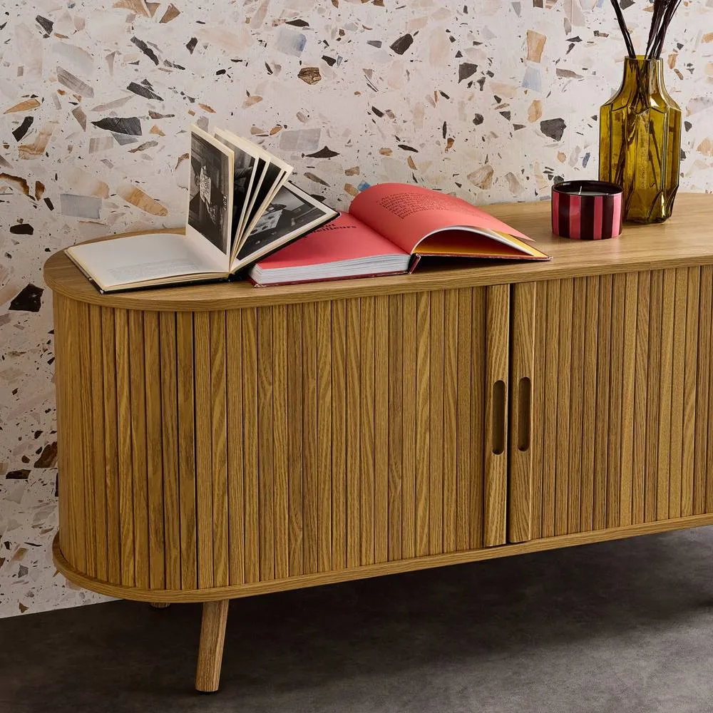 sweeek 120cm Scandi-style Tv Unit With Grooved Wooden Effect & 2 Sliding Do in Light Brown 6