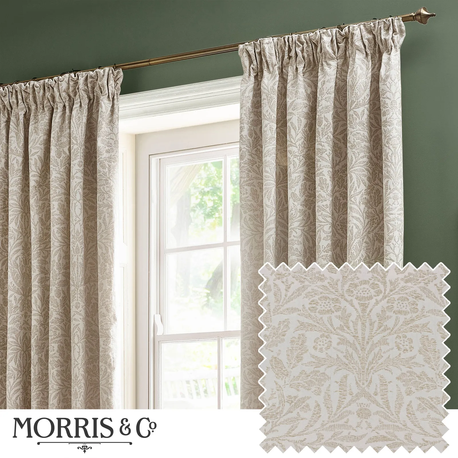 Morris & Co Acorn Tonal Fully Lined Matt Jacquard Pencil Pleat Curtains in Ivory 1