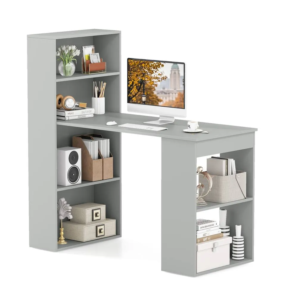Costway 6-Tier Storage Shelves Writing Workstation Computer Desk in Grey