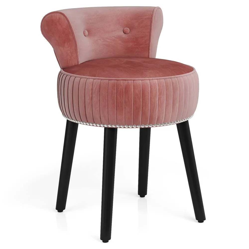 Costway Velvet Vanity Stool w/Tufted Back Upholstered Vanity Makeup Chair in Pink