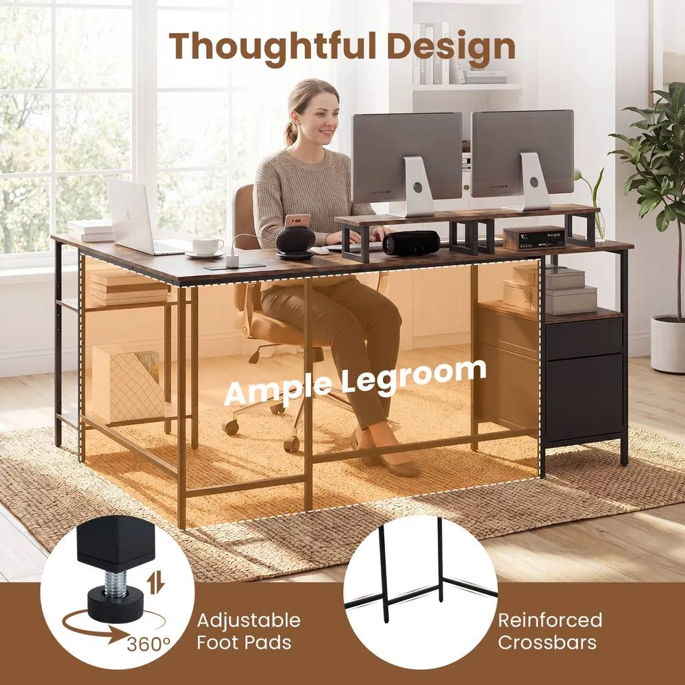 Costway L-shaped Desk with Power Outlets Reversible Corner Desk in Brown 6