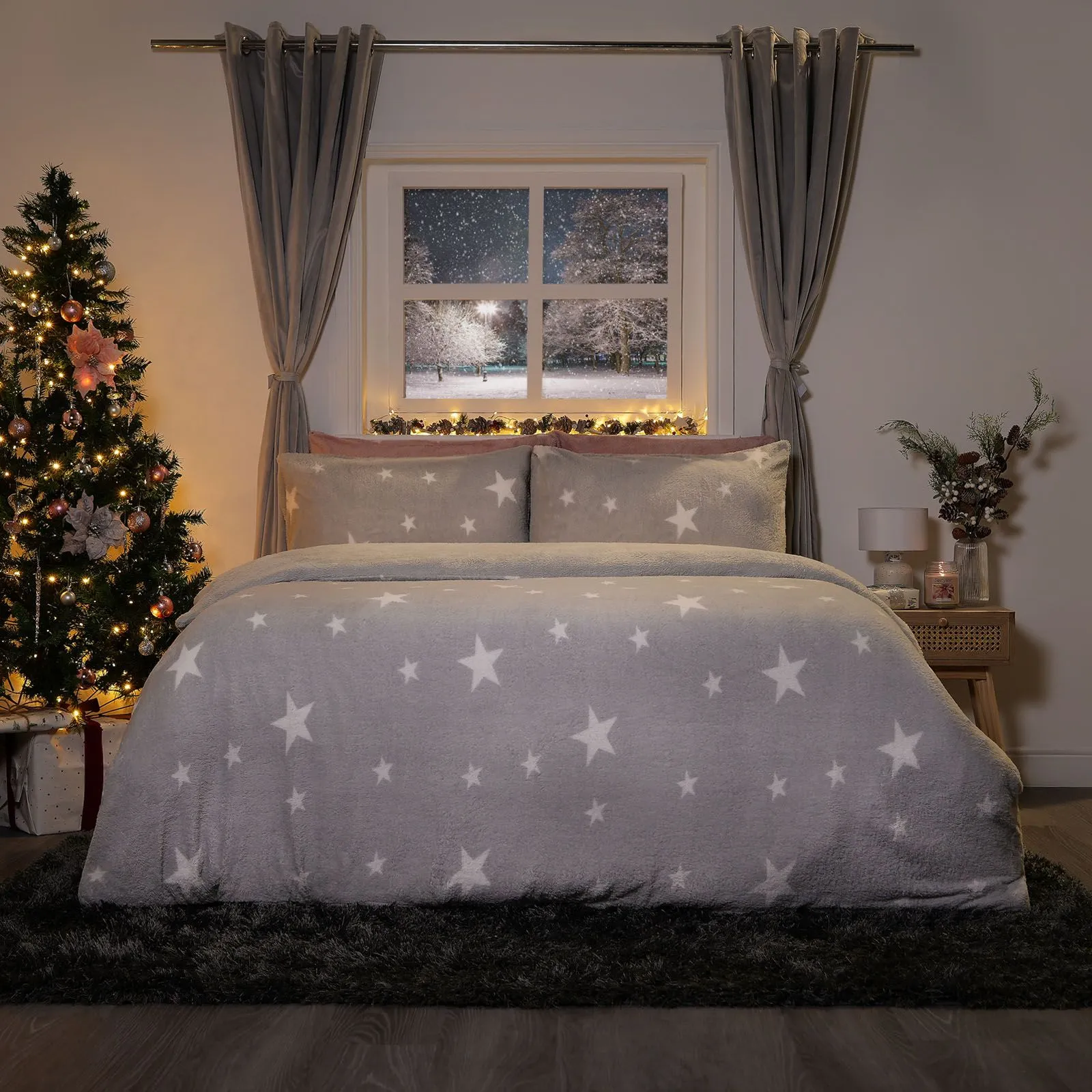OHS Star Teddy Duvet Cover with Pillowcase Set in Light Grey