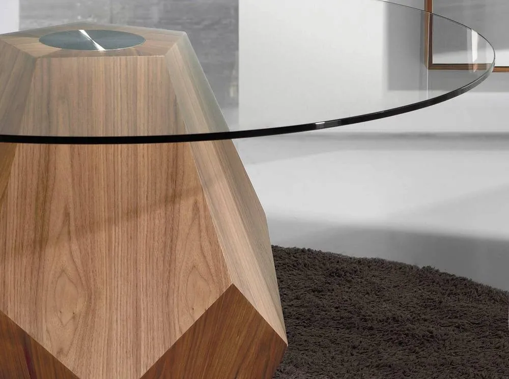 Angel Cerda Round Tempered Glass Dining Table with Walnut Legs in Brown 5