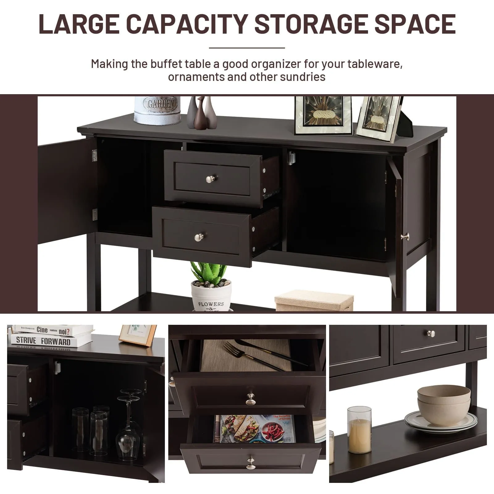 Costway Console Sofa Table Narrow Entryway Table W/ 2 Drawers & 2 Cabinets in Brown 4