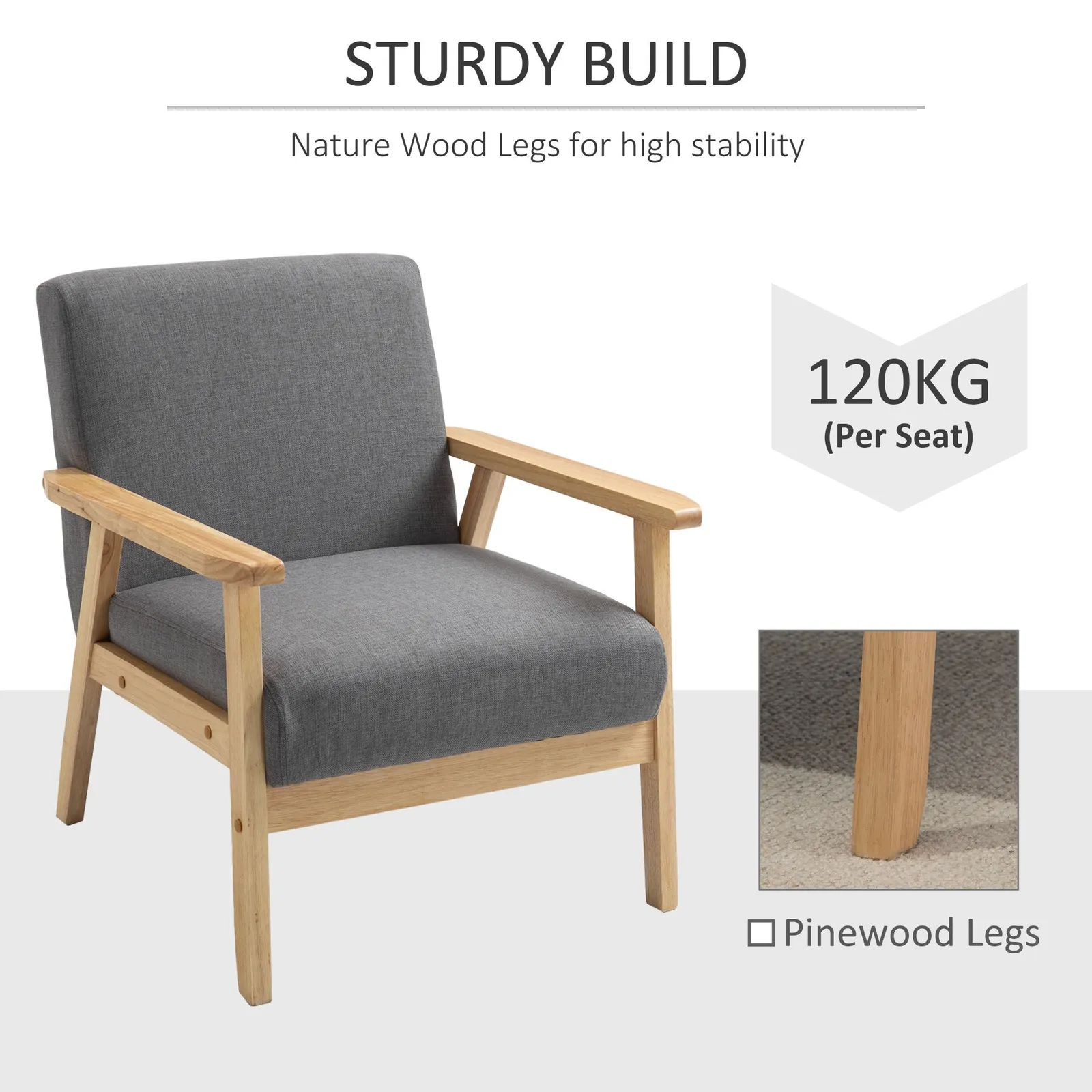 HOMCOM Accent Chair with Wood Frame Wide Seat Linen Armchair in Grey 5
